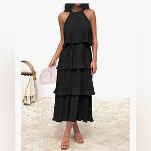 ZESICA Halter Neck Ruffle Tiered Chiffon Midi Dress Black